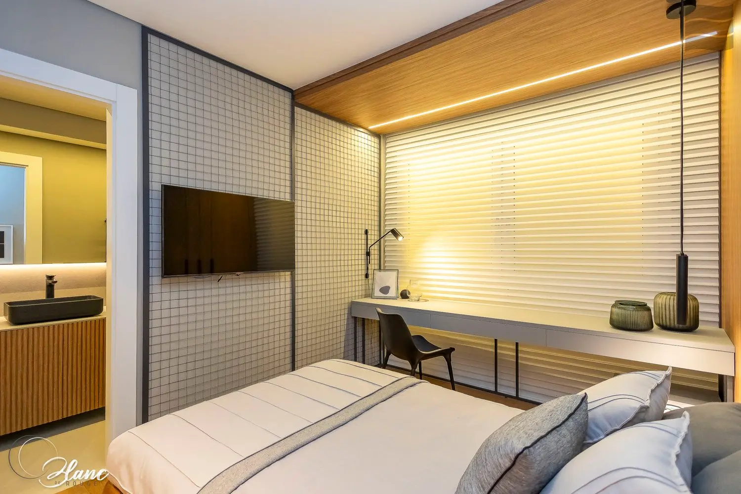 Suíte em tons neutros — apartamento decorado do Blanc de Rouge