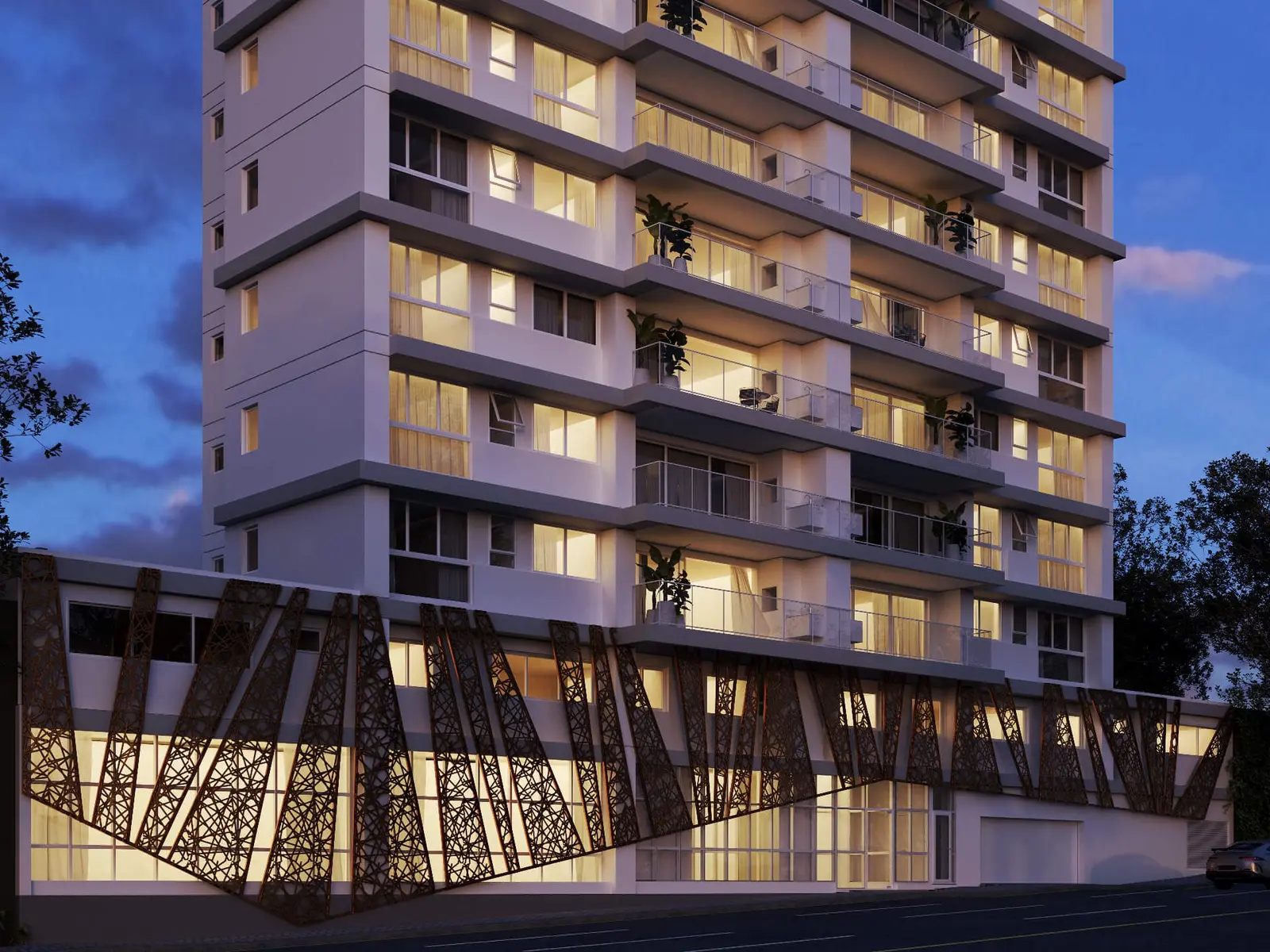 Base da torre do Blanc de Rouge, com os painéis recortados iluminados na fachada — perspectiva artística