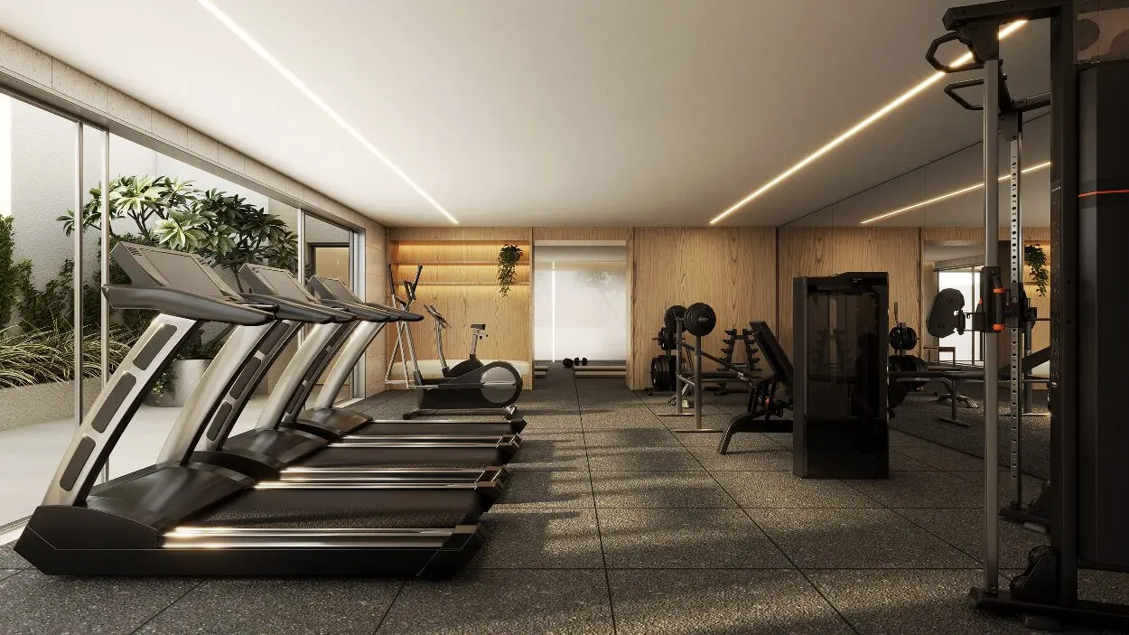 Academia do Blanc de Rouge — aeróbico e musculação com equipamentos modernos (perspectiva artística)