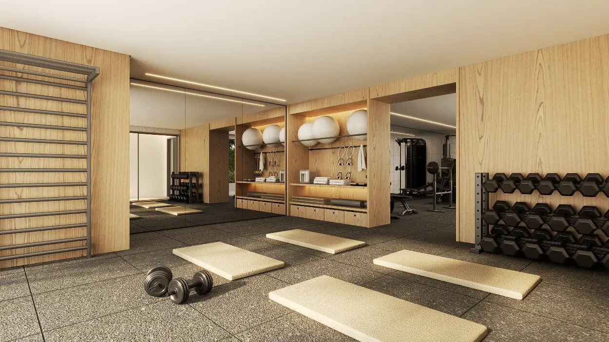 Fitness center do Blanc de Rouge — dois ambientes, com consultoria de Ana Paula Miyao Horikawa (perspectiva artística)