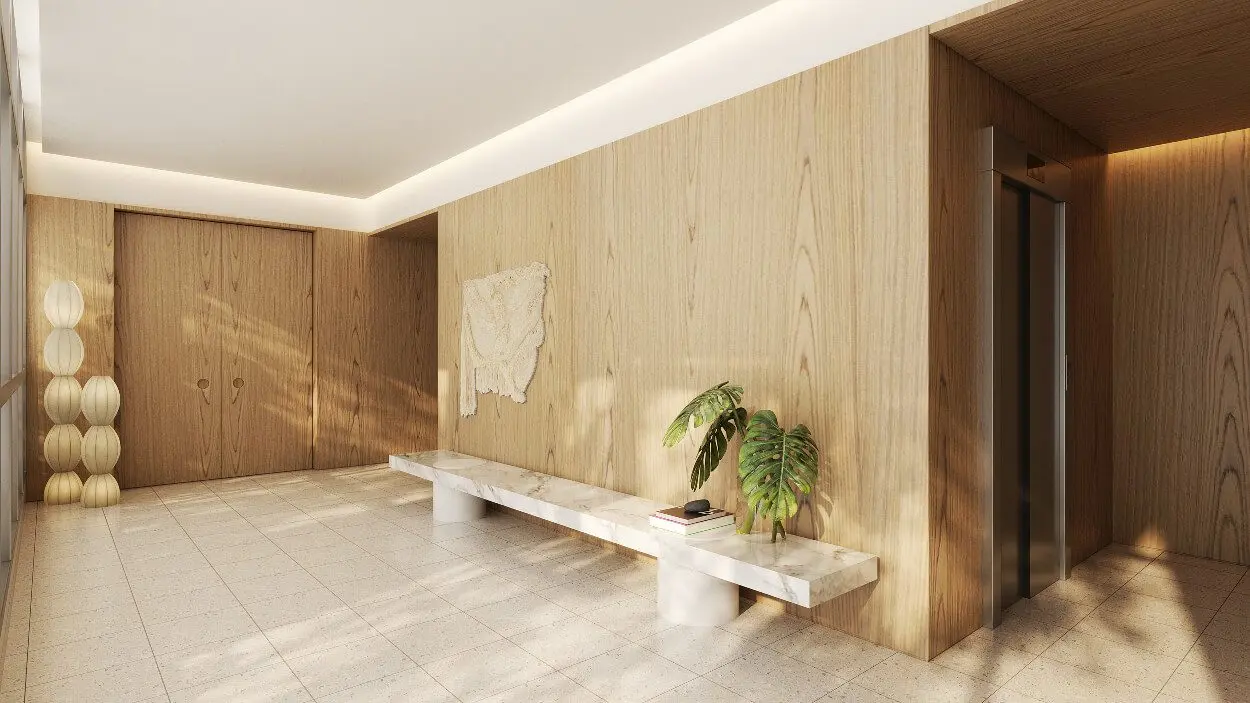 Hall social do Blanc de Rouge — banco em mármore e painel em madeira (perspectiva artística)