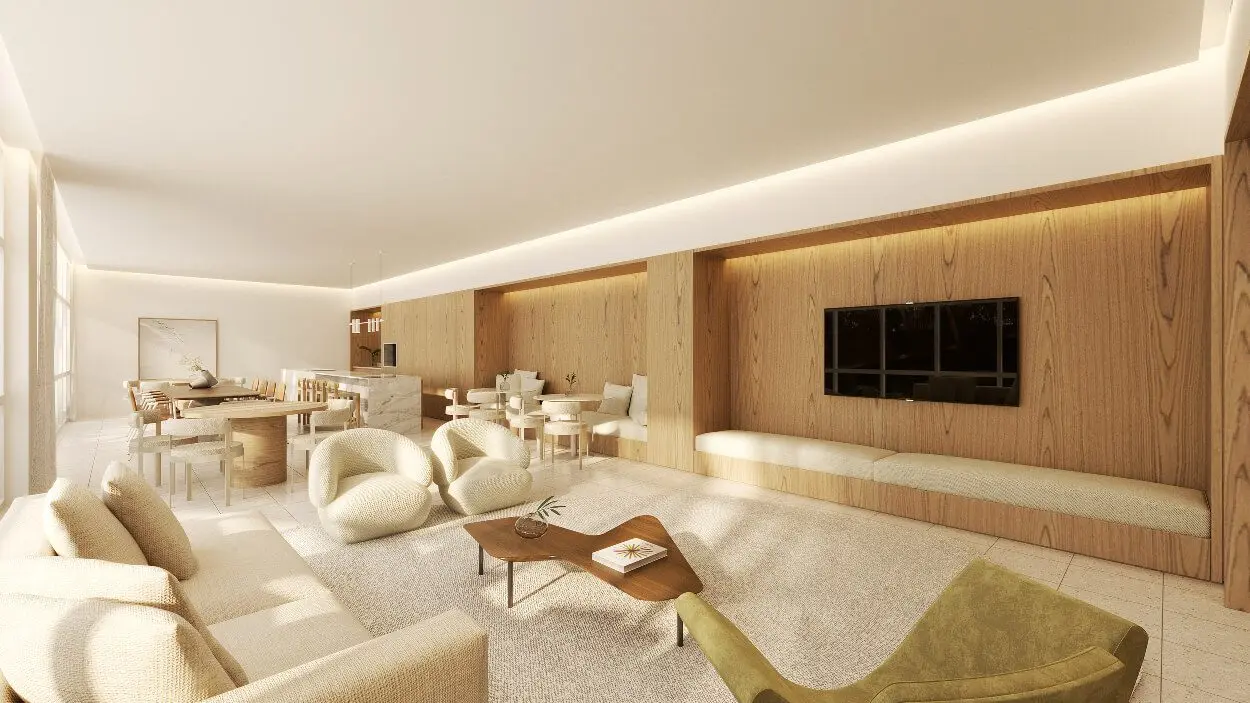 Lounge com TV do Blanc de Rouge — convivência integrada ao salão de festas (perspectiva artística)
