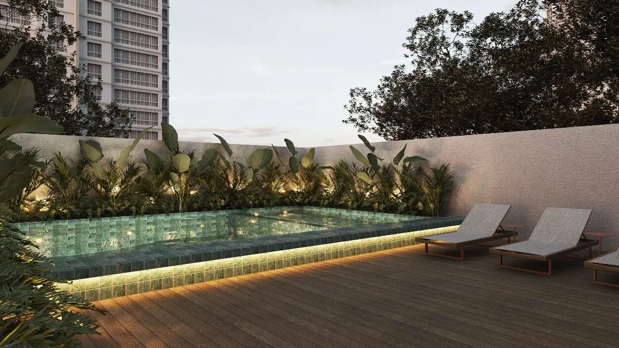 Piscina aquecida do Blanc de Rouge — adulto e infantil, com deck de madeira (perspectiva artística)